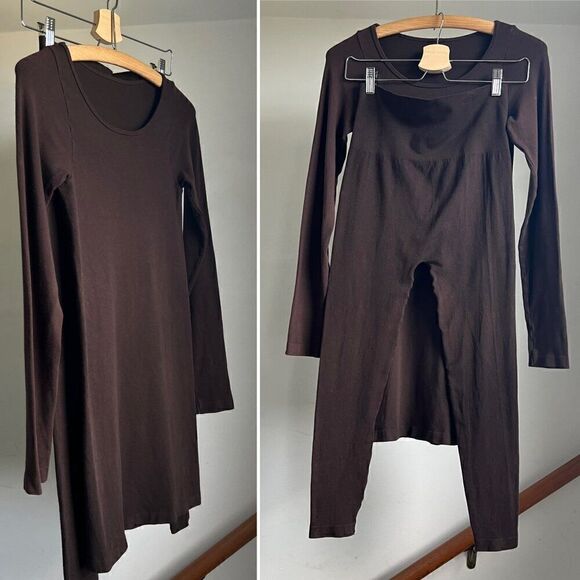 Elle Tian‎ Matching Two Piece Set Long line Tunic Top Capri Leggings Brown - Picture 1 of 9